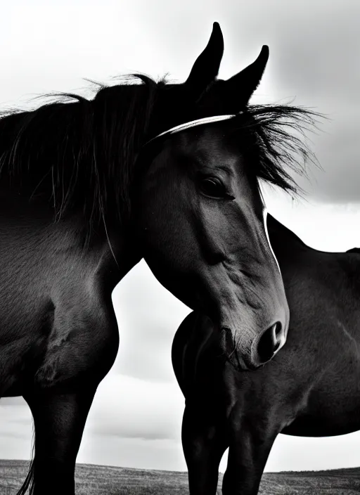 Prompt: two horses black and white portrait white sky in background