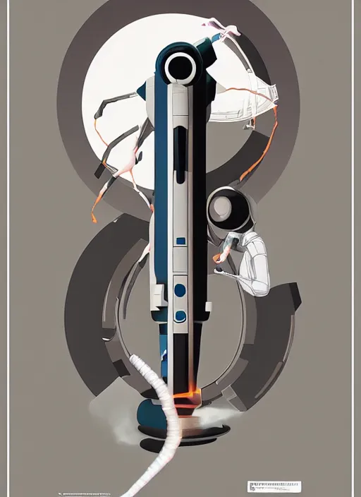 Image similar to poster artwork by Michael Whelan and Tomer Hanuka, of a product poster of the Portal Gun, from the game Portal 2, from Valve, Aperture Science, clean