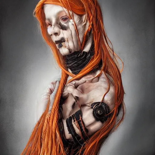 Image similar to portrait of a Shibari rope wrapped face and neck, headshot, insanely nice professional hair style, dramatic hair color, digital painting, of a old 15th century, young cyborg Rubber Nun, amber jewels, baroque, ornate clothing, scifi, realistic, hyperdetailed, chiaroscuro, concept art, art by Franz Hals and Jon Foster and Ayami Kojima and Amano and Karol Bak,