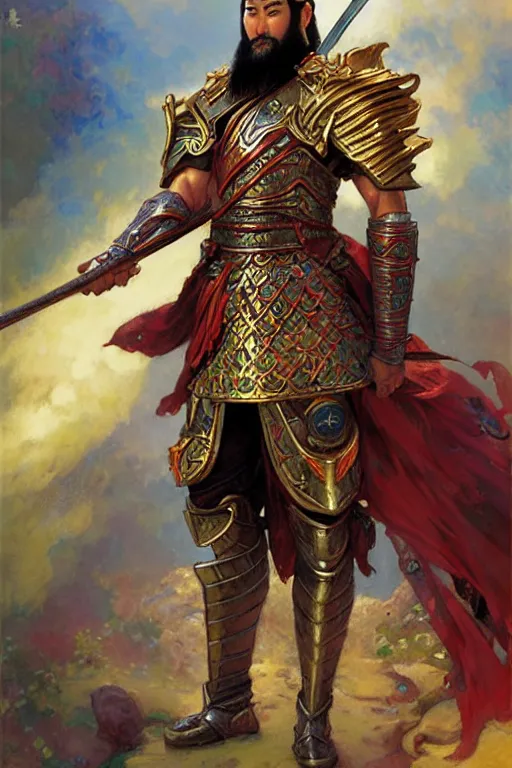 Image similar to attractive male with armor and clothes, guan yu, character design, colorful paint, sweat, painting by gaston bussiere, craig mullins, j. c. leyendecker