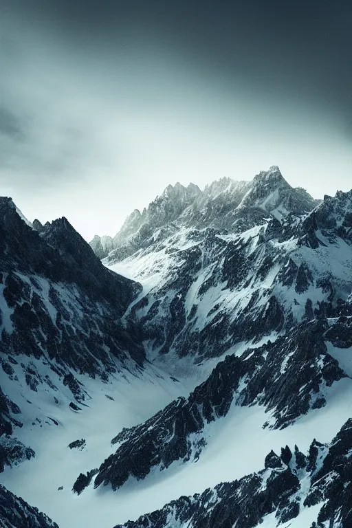 Image similar to a landscape image by benjamen in the french alps, cinematic matte painting, extreme detail photo quality, dark moody colors, featured on behance