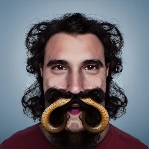 Prompt: Man with a curly moustache made out of snakes