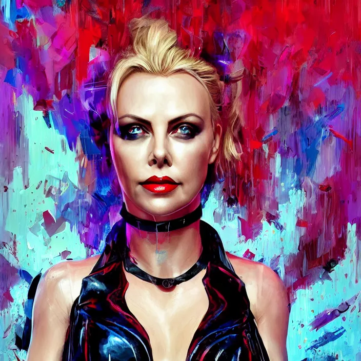 Image similar to portrait of Charlize Theron as a harley quinn. intricate abstract. intricate artwork. by Tooth Wu, wlop, beeple, dan mumford. octane render, trending on artstation, greg rutkowski very coherent symmetrical artwork. cinematic, hyper realism, high detail, octane render, 8k, iridescent accents