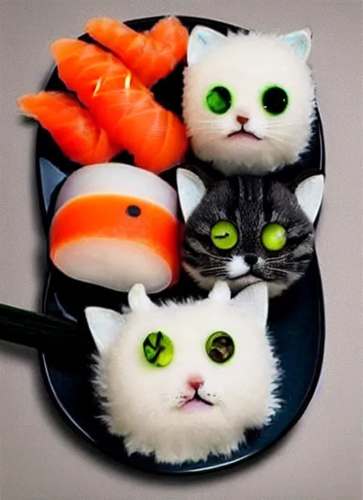 Image similar to clear photorealistic picture of adorable cats made out of sushi