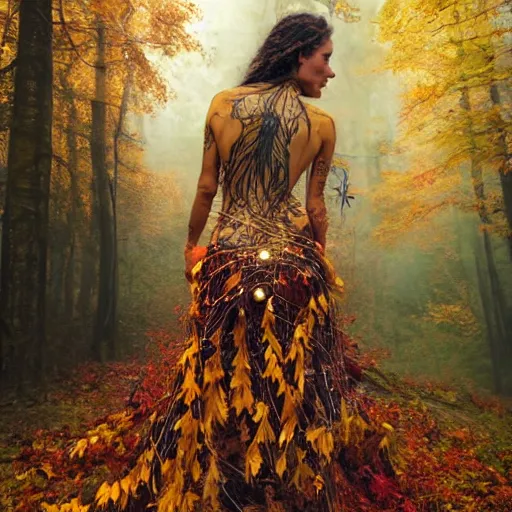 Image similar to A perfect female goddess stands for a waist up portrait with her body sightly wrapped in thin gold wire creatively arranged so as to look like tattoos, in a forrest of fall colors, hyper photo realistic 8K HD HDRI, photo by Annie Leibovitz.