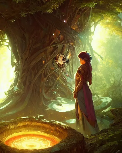 Image similar to A time portal inside a tree, deep focus, D&D, fantasy, intricate, elegant, highly detailed, digital painting, artstation, concept art, matte, sharp focus, illustration, hearthstone, art by Artgerm and Greg Rutkowski and Alphonse Mucha