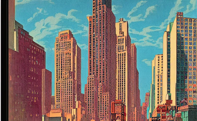 Prompt: vaporwave art deco lithograph of new york city by adolphe millot