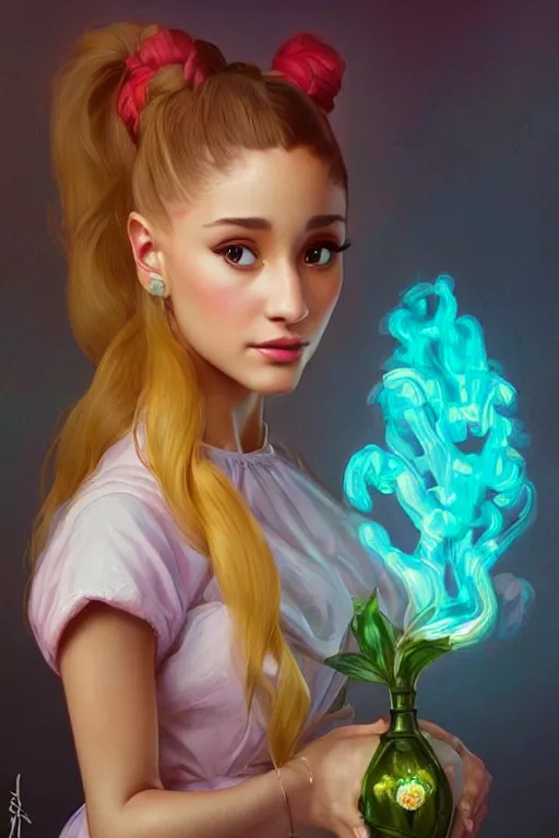 Prompt: beautiful cottagecore Ariana Grande holding a nuclear glowing colored vase. intricate, elegant. highly detailed, digital painting, artstation, concept art, smooth, sharp, focus, illustration. . art by artgerm and greg rutkowski and alphonse mucha