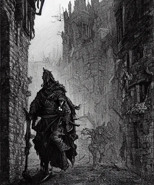 Prompt: a black and white illustration of a silhouetted mercenary walking into the streets of mordheim, the city of the damned by ian miller, gustave dore, john blanche, albrecht durer, gustave dore, highly detailed, storybook illustration, inspired by hieronymus bosch, ink on paper