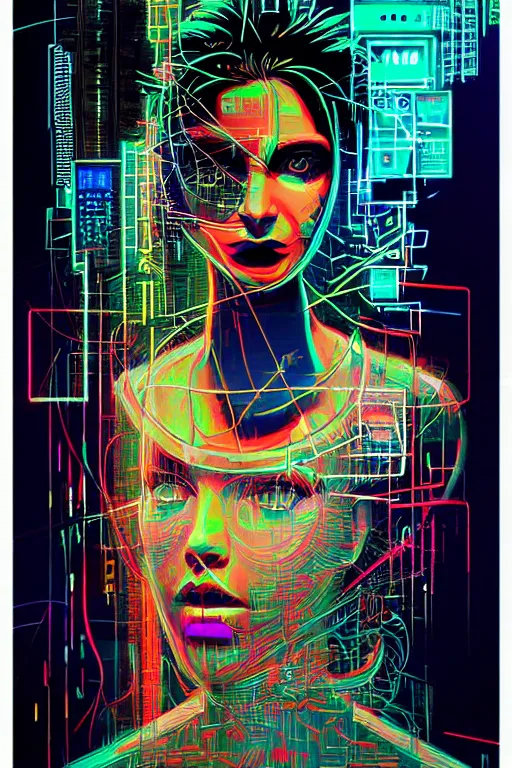 Image similar to dreamy cyberpunk girl, abstract smoke neon, digital nodes, computer network, beautiful woman, detailed acrylic, grunge, intricate complexity, by dan mumford and by alberto giacometti, jean - michel basquiat