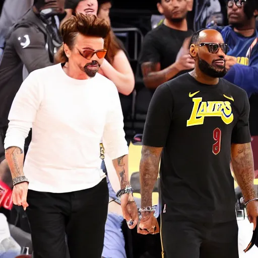 Prompt: robert downey jr. comes to nba to watch lebron james