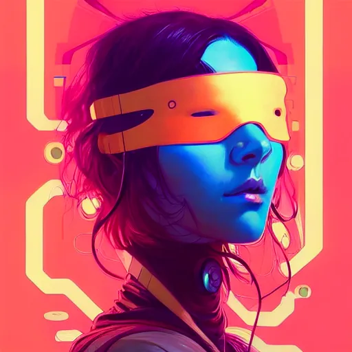 Prompt: a beautiful painting of a cyberpunk blindfolded girl by sachin teng and pascal blanche and alphonse mucha! and ruan jia! and josan gonzalez!. in style of conceptual art. colorful comic, film noirs, raytracing, brush stroke, vibrating colors, hyper detailed. octane render. trending on artstation