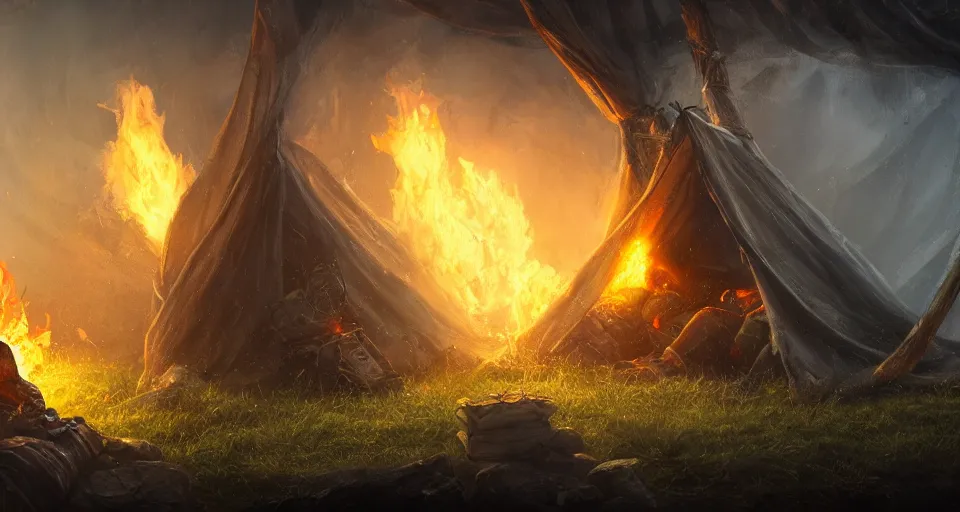 Image similar to an epic fantasy adventurer's tent left alone with a dying fire, 4 k, extremely detailed. award winning, trending on artstation, 8 k, ultra wide angle