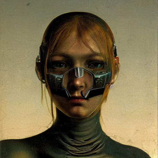 Image similar to a close - up portrait of a cyberpunk cyborg girl, by leonardo davinci