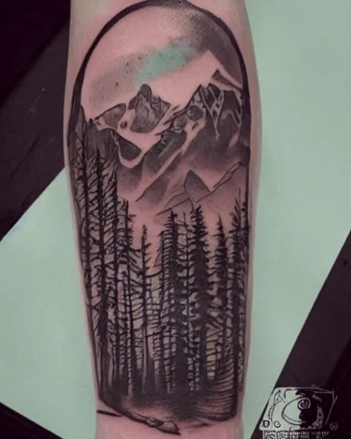 Image similar to double exposure tattoo design sketch of megan fox and beautiful mountains, realism tattoo, in the style of matteo pasqualin, amazing detail, sharp