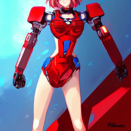 Prompt: digital anime art. cute girl. red mech arms and red mech legs. blue eyes!!!. gold short hair!!!. red bikini. full body!!!. wlop, rossdraws