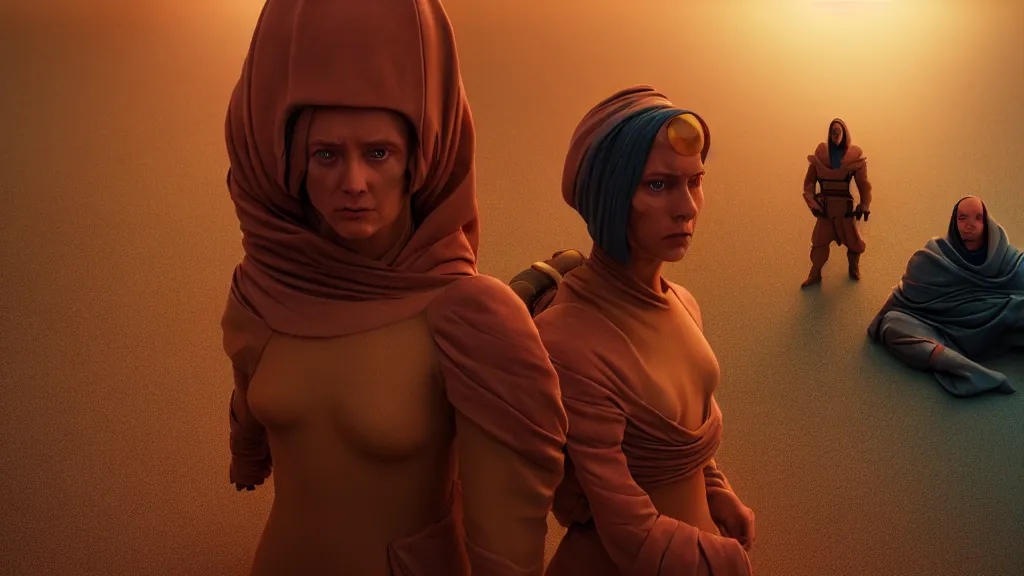 Image similar to colour aesthetic highly detailed photography of characters in sitcom scene, characters with hyperrealistic highly detailed faces. from dune ( 2 0 2 1 ) by alejandro hodorovski and denis villeneuve and gregory crewdson style with many details by mike winkelmann and vincent di fate in sci - fi style. volumetric natural light hyperrealism photo on red dsmc 3 system