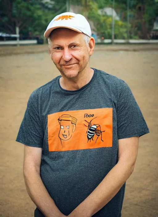 Image similar to a color photograph of an architect with short white hair, wearing an orange T shirt, a brown baseball cap with a bee on it, a lopsided wry smile on his face