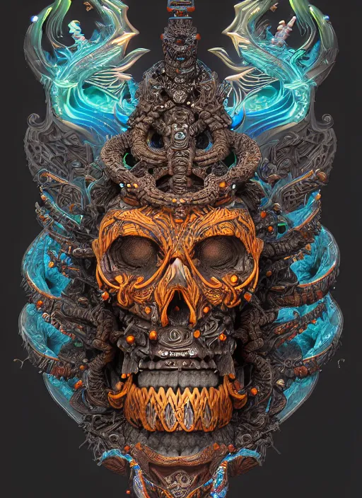 Image similar to 3 d ornate carved shaman with tattoos profile portrait, sigma 5 0 0 mm f / 5. beautiful intricate highly detailed quetzalcoatl skull. bioluminescent, plasma, lava, ice, water, wind, creature, thunderstorm! artwork by tooth wu and wlop and beeple and greg rutkowski, 8 k trending on artstation