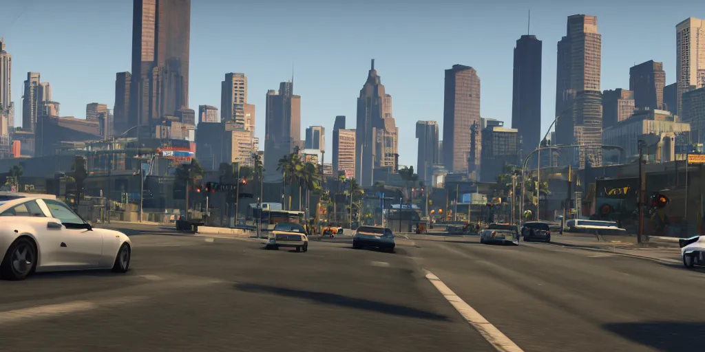 Prompt: grand theft auto, a car driving down a road with a city in the background, a screenshot, featured on cg society, playstation 5 screenshot