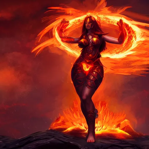 Image similar to Hot fire goddess, skin of flames, body made of fire, wearing armor, rampaging, stormy background, forest fire, breathing fire, fire in hand, concept art, tiny person watching, artstation, 4k