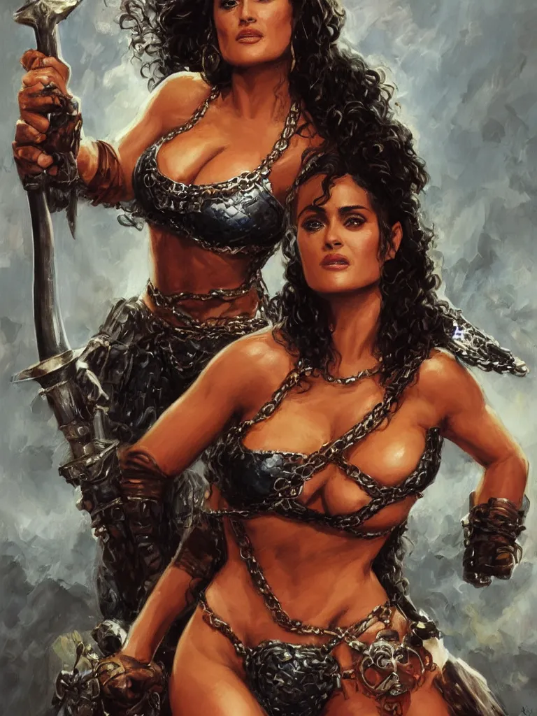 Image similar to A portrait of Salma Hayek wearing a chainmail bikini and holding a sword , by Boris Vallego , Julie Bell , Brom , Frank Frazetta, cinematic , high quality ,extremely detailed , perfect hands ,body and face , trending on artstation , rule of thirds, golden ratio