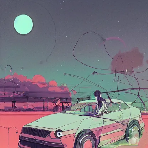 Image similar to a car by inio asano, beeple and james jean, aya takano color style, 4 k, super detailed, night sky, digital art, digital painting, celestial, majestic, colorful
