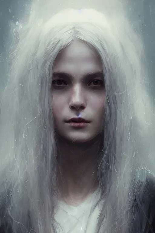 Image similar to a fancy portrait of a young beautiful girl with long white hair by greg rutkowski, sung choi, mitchell mohrhauser, maciej kuciara, johnson ting, maxim verehin, peter konig, bloodborne, 8 k photorealistic, cinematic lighting, hd, high details, dramatic, dark atmosphere, trending on artstation