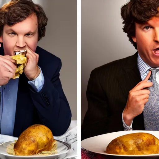 Image similar to tucker carlson eating a fully loaded baked potato