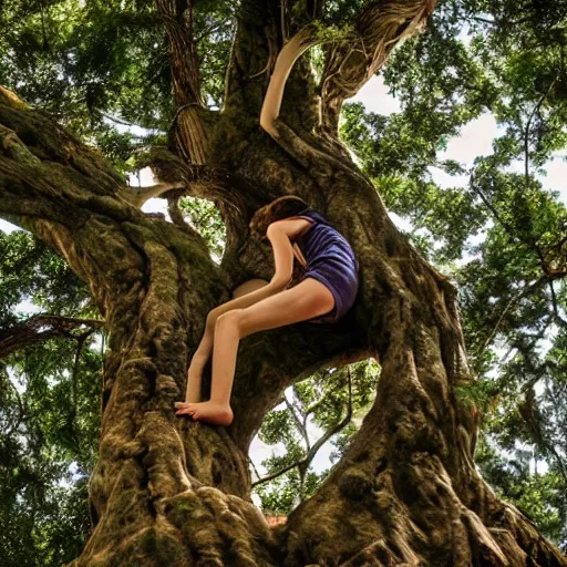 Prompt: a child climbing beautiful giant tree growing in the middle of an ancient Victorian library. hard lighting, 4K, high fantasy art, ultra-realistic