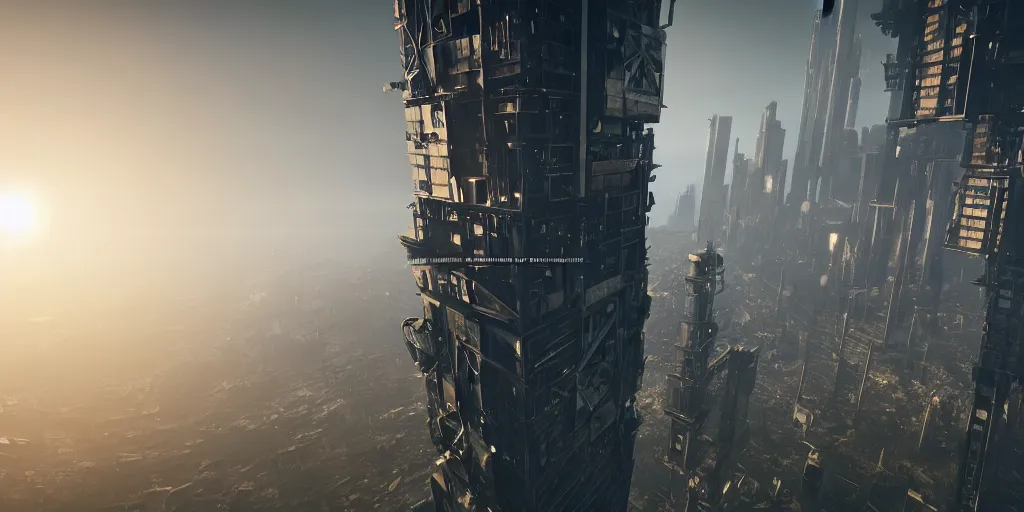 Prompt: ultra detailed photorealistic an uninhabited skyscraper in the end of the world, nier : automata, cinematic light, sci fi, glossy, cybernetic machines, futuristic decor, trending on artstation, global illumination, ultra realistic illustration, matte painting, high detailed, unreal engine, octane render, 4 k, hd, high quality
