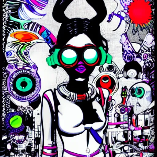 Image similar to cybergoth girl wearing goggles and eccentric jewelry by jamie hewlett, jamie hewlett art - h 7 6 8