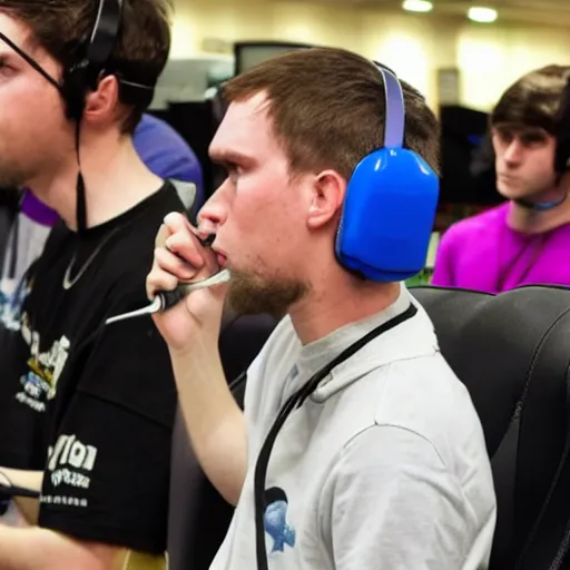 Prompt: white man with long neck and short brown hair and blue eyes at a smash tournament