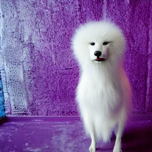 Image similar to A photo of a white fur monster standing in a purple room