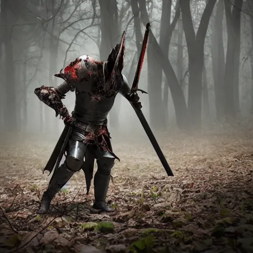 Image similar to a zombie knight in a scary forest, 8 k, shallow depth of field, 8 k, ultra high detail, concept art,