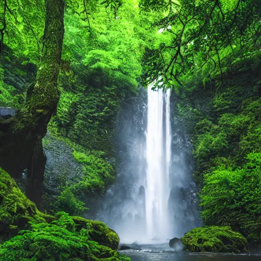 Prompt: a large waterfall surrounded by lush green trees, a matte painting by maud naftel, shutterstock contest winner, naturalism, photo taken with ektachrome, creative commons attribution, high dynamic range