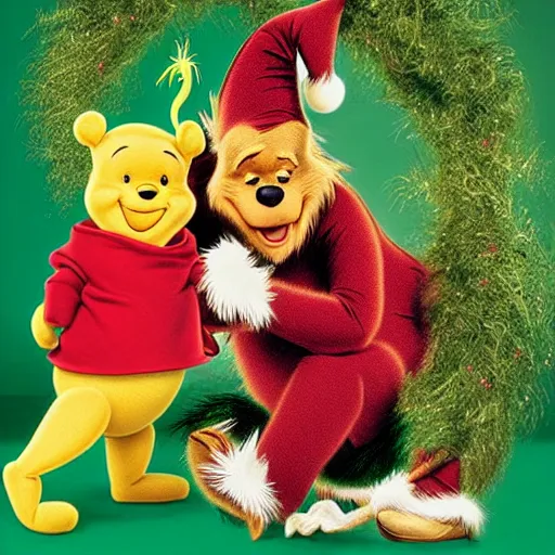 Image similar to winnie the pooh as the grinch, winnie the pooh cast as the grinch, full body shot