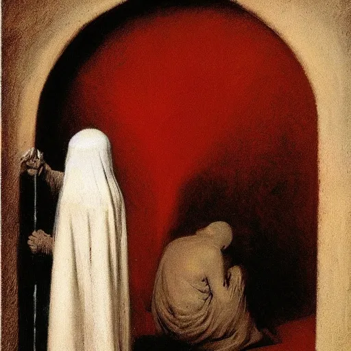 Image similar to masque of the red death, by Odd Nerdrum, by Francisco Goya, !dream there's a devil hiding behind your door, by Francis Bacon, beautiful, eerie, surreal, colorful