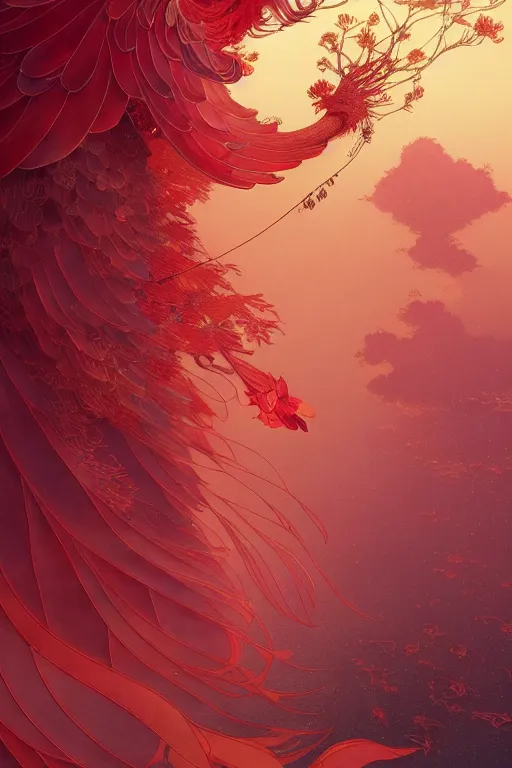 Image similar to a beautiful exquisite delicate hyperdetailed character design 4 k wallpaper illustration of a huge reddish phoenix, victo ngai style, from china, style of studio ghibli, makoto shinkai, raphael lacoste, louis comfort tiffany, denoise, deblurring, artgerm, xision, james jean, ross tran, chinese style