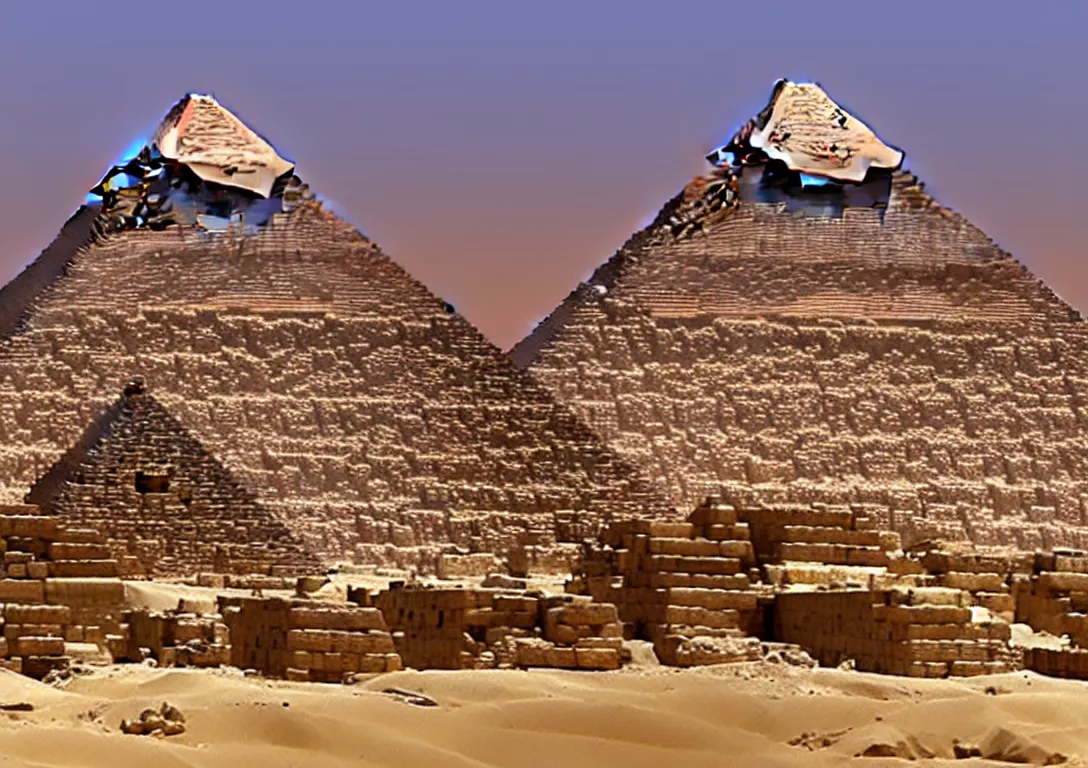 Image similar to Great Pyramids turning into gigantic robots with lasers in Egypt. Photorealistic. Intricate details.