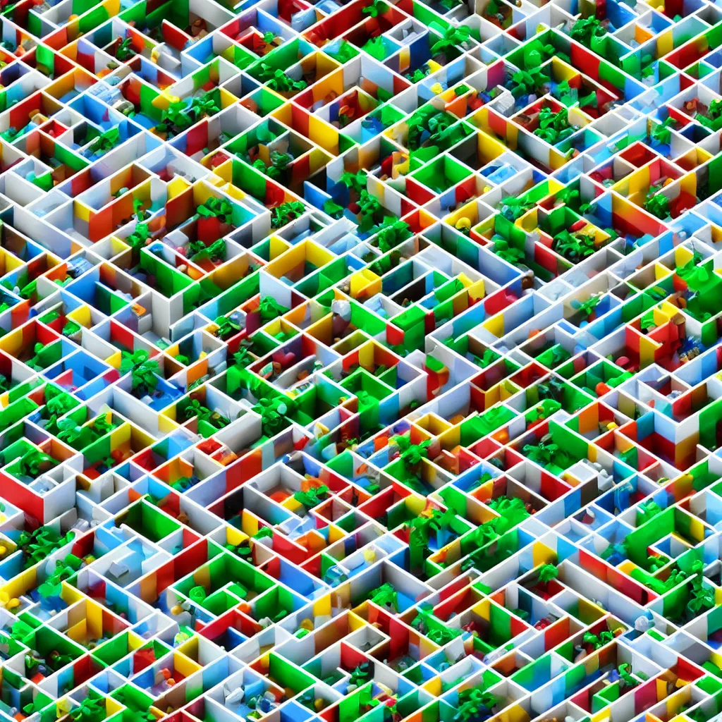 Prompt: wimmelbilder maze made of lego, isometric, octane render, Lego palm trees, unreal engine