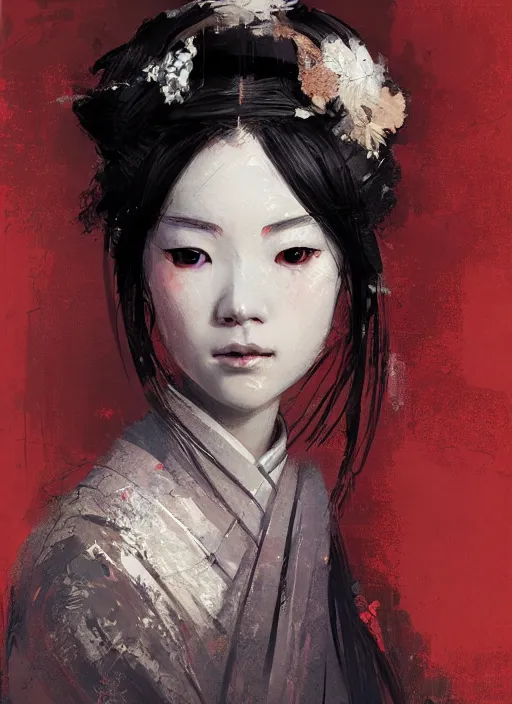 Image similar to female geisha girl, beautiful face, rule of thirds, intricate outfit, symmetrical, spotlight, by greg rutkowski, by jeremy mann, digital painting