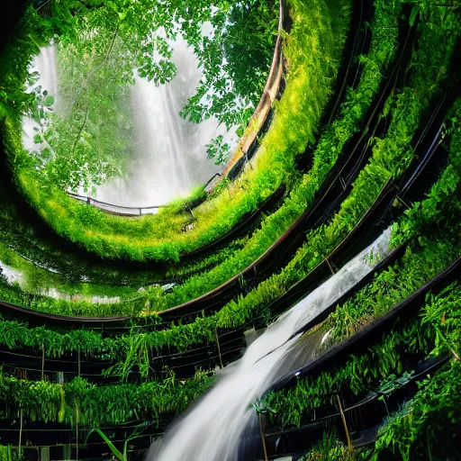 Prompt: professional photograph of a fancy infinite spiral library, waterfall, overgrown, plants, 4 k, 8 k, hd
