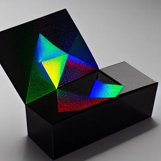 Image similar to a black triangle shaped box on a black background, with a hologram by gabriel dawe, trending on behance, holography, tesseract, holographic, geometric