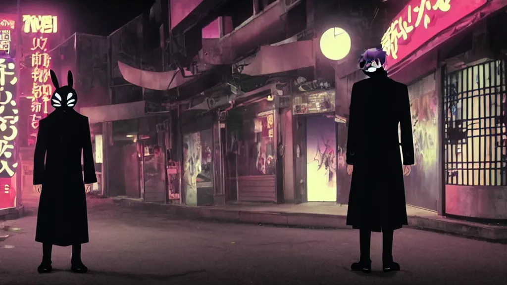 Image similar to a man wearing a black trench coat and black rabbit mask standing outside a night club, anime film still from the movie directed by Junji Ito, wide lens