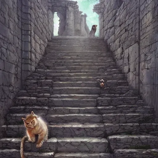 Image similar to cat - canibal walking on ancient city, very detailed fine art, top of pinterest, trend of artistation, style of ( ( ( ( ( greg rutkowski ) ) ) ) )