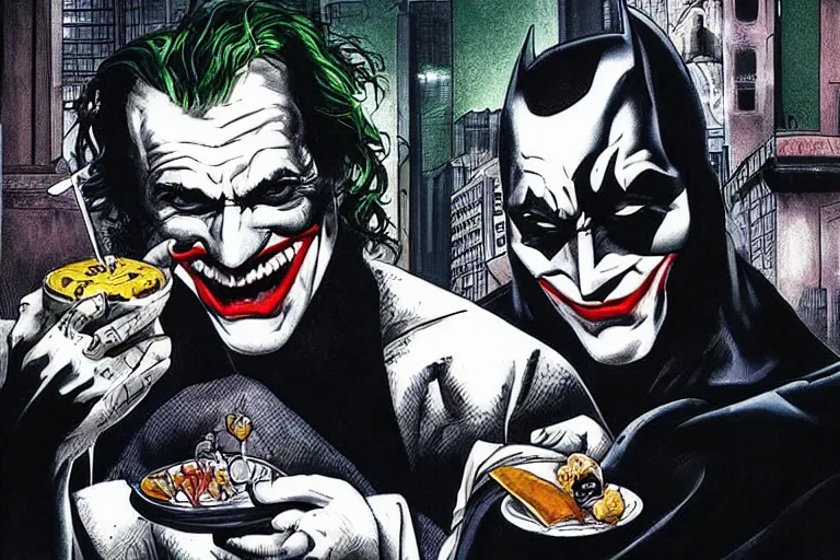 Prompt: portrait of Batman eating breakfast ，Next to the head of the joker is placed，By Emmanuel Lubezki