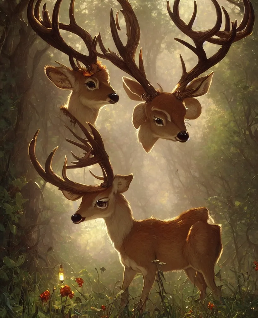 Image similar to anthropomorphic shy and nerdy deer with exquisite antlers. Renowned character illustration by greg rutkowski, thomas kindkade, alphonse mucha, loish, norman rockwell. Trending on FurAffinity.