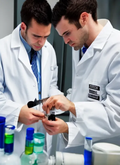 Prompt: chemists in white coats are fighting with knives