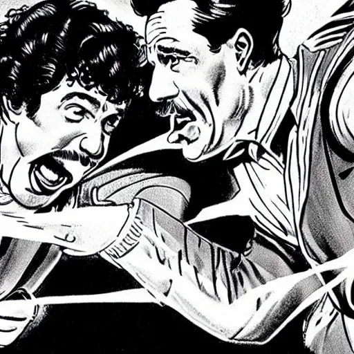 Prompt: a realistic picture depicting a scene of superman and Albert Einstein aggressively debating general relativity